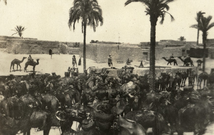 The 15th (New Zealand) Camel Company waters at an old village