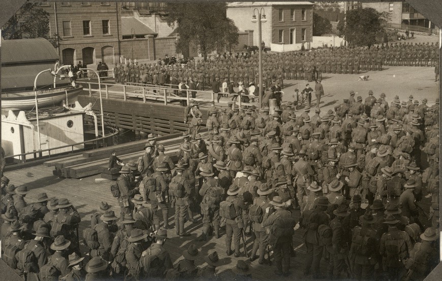Troops assembling in Wellington and forming up for a route march through the city. 