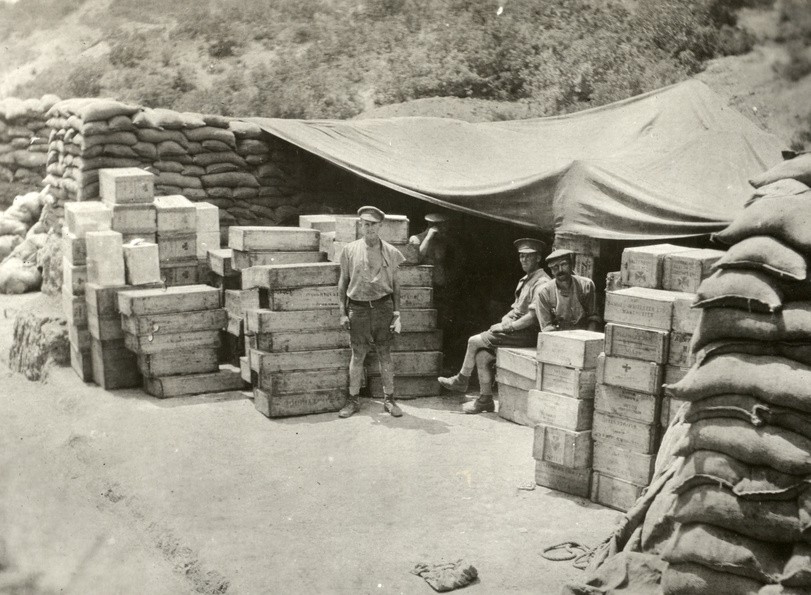 What look to be Australian Army Service Corps personnel with boxes of food, Gallipoli 1915